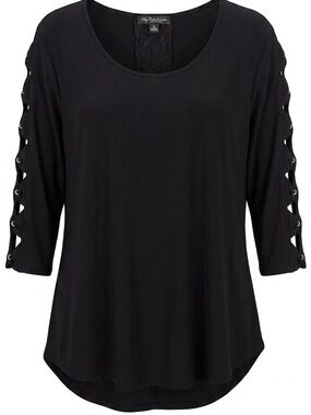 Corvia | Black Gold Button Sleeve Top | 3/4 Sleeve Stretch Blouse | Size 1X